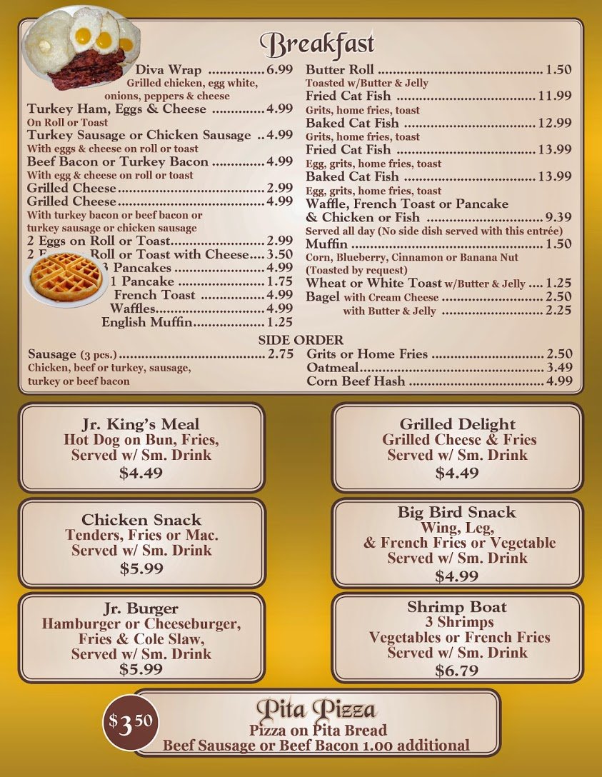 Printed menu with breakfast and chicken specials.